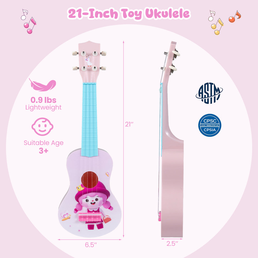 21-inch children's mini ukulele with cute patterns, nylon strings, and lightweight ABS body, ideal for kids aged 3+.