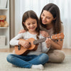 Soprano mahogany ukulele being played by a girl, featuring nylon strings and an adjustable strap for easy use.