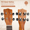 Close-up of the 21-inch soprano ukulele's mahogany headstock with 15:1 gear ratio tuners for precise tuning.