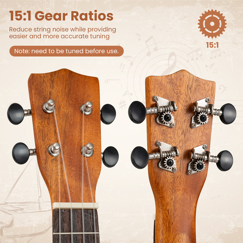 Close-up of the 21-inch soprano ukulele's mahogany headstock with 15:1 gear ratio tuners for precise tuning.