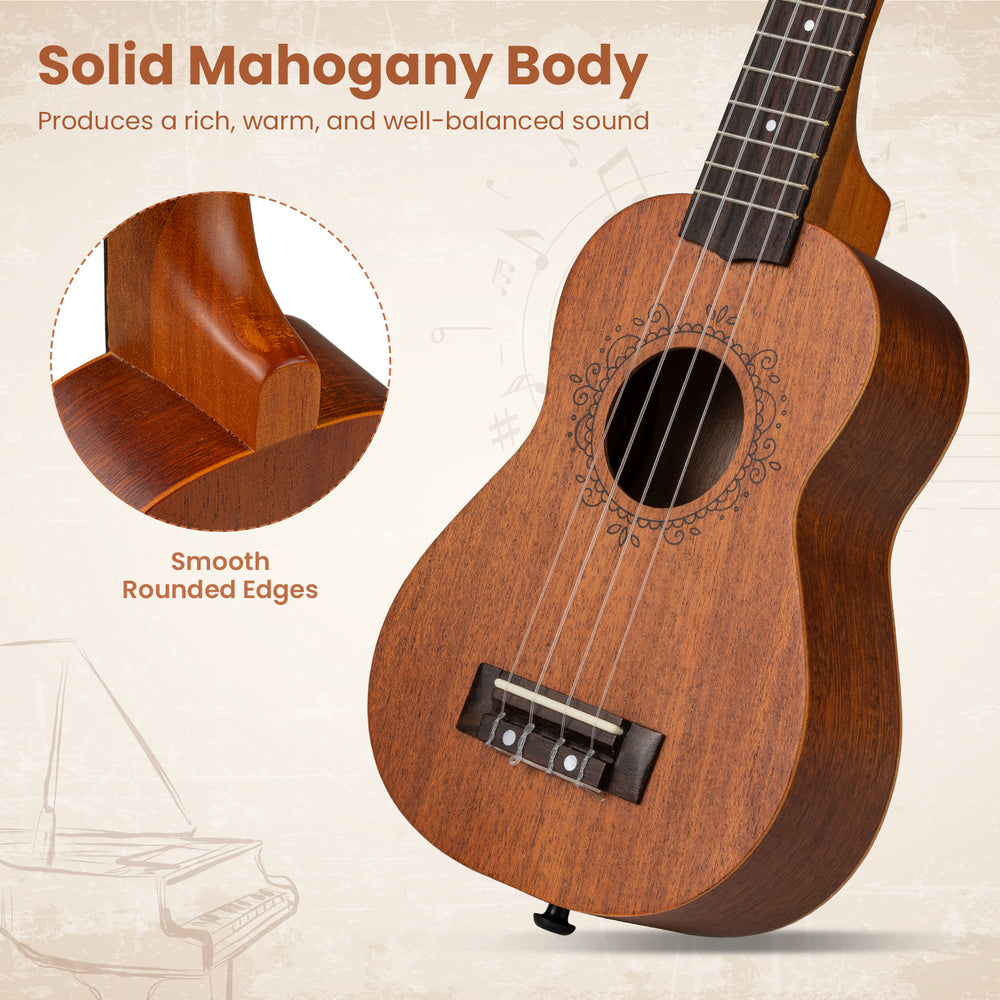 21-inch soprano ukulele with solid mahogany body, smooth rounded edges, and clear nylon strings for rich sound.