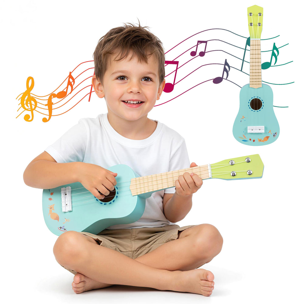 21-inch kids' ukulele with basswood body, smooth frets, and nylon strings, perfect for music beginners aged 3+.