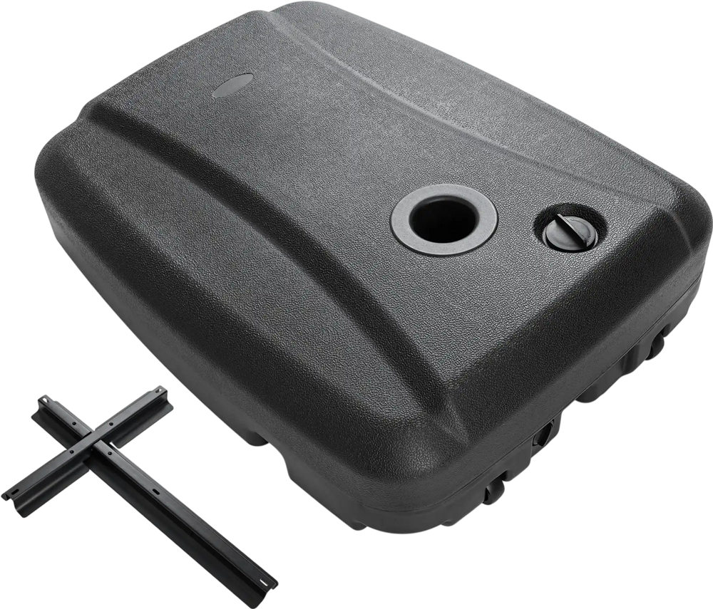 Black 220 lbs cantilever patio umbrella base stand with wheels, refillable reservoir, and easy transport handles.