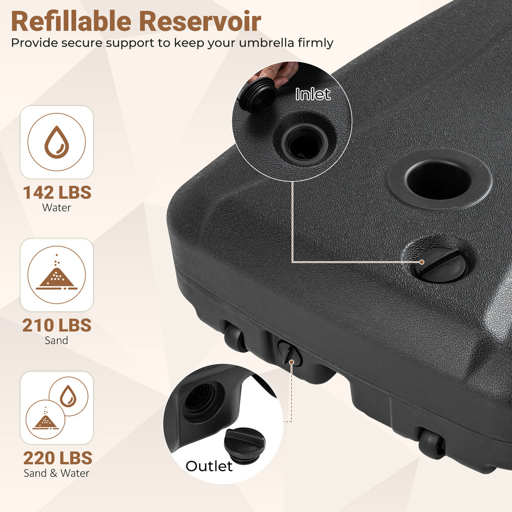 Close-up of the refillable reservoir of a 220 lbs cantilever patio umbrella base stand for easy filling and transport.