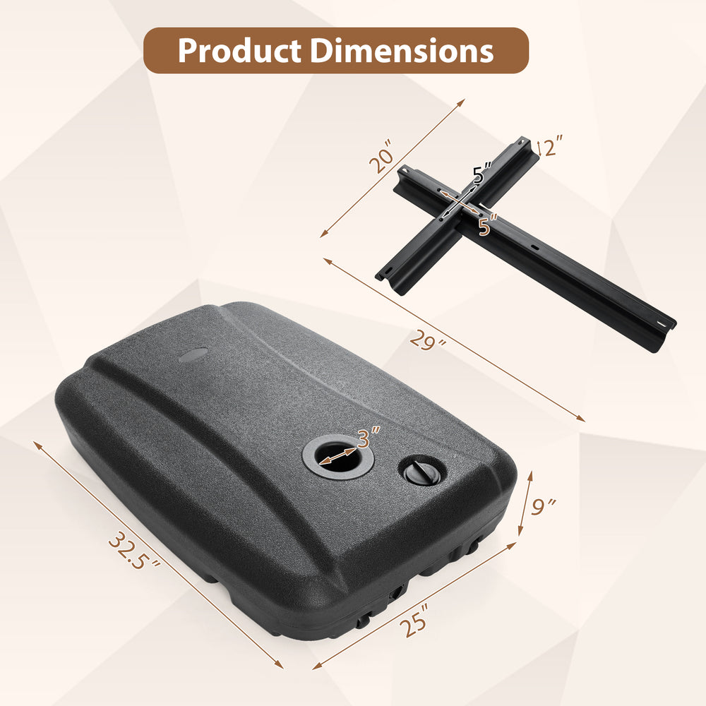 Black 220 lbs cantilever patio umbrella base stand dimensions with fillable reservoir and wheels for easy transport.