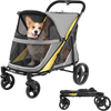 Heavy-duty dog stroller in yellow with spacious cabin, mesh walls, and big wheels for large pets and easy travel.