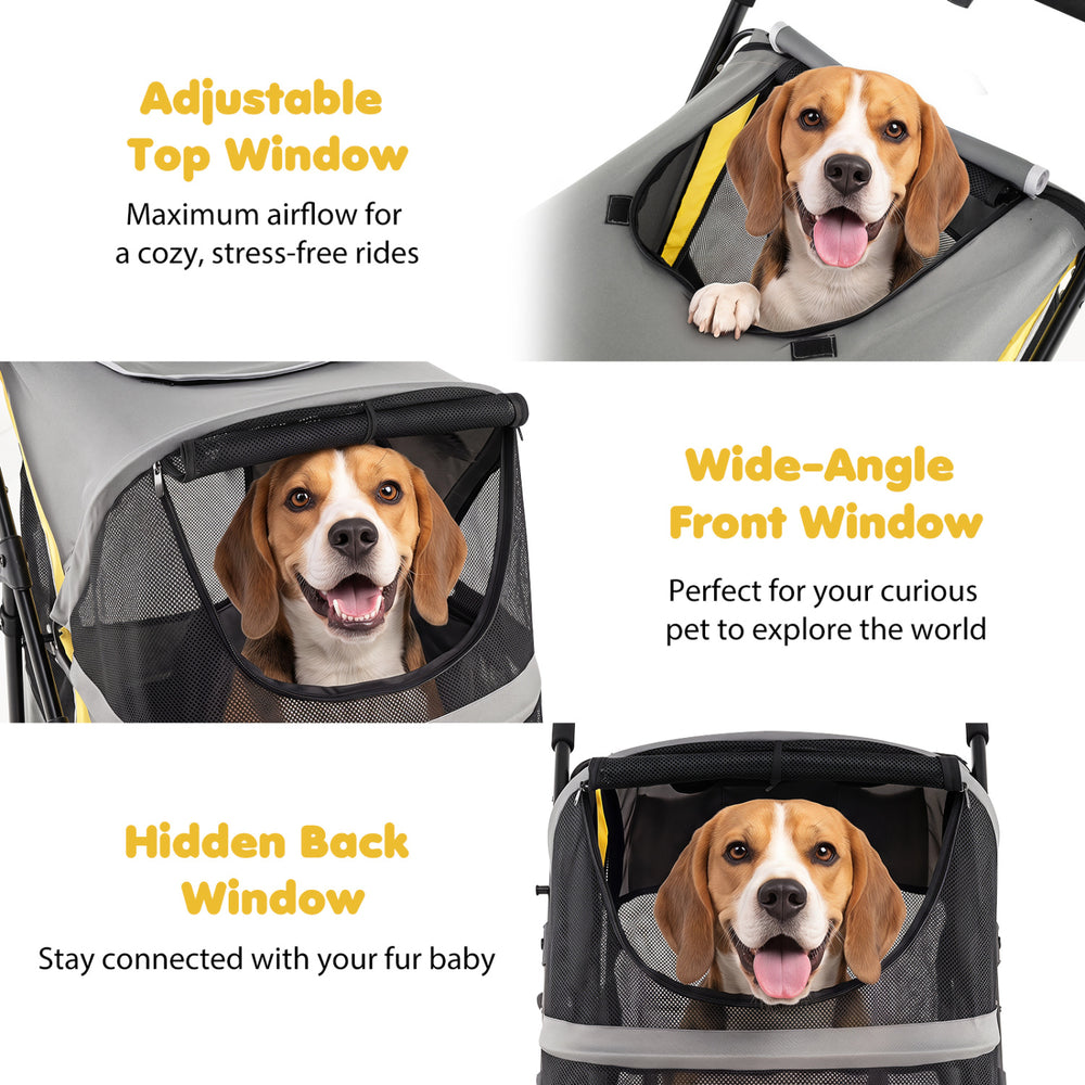 Adjustable top window and wide-angle front window on a heavy-duty dog stroller for large dogs, perfect for outdoor adventures.