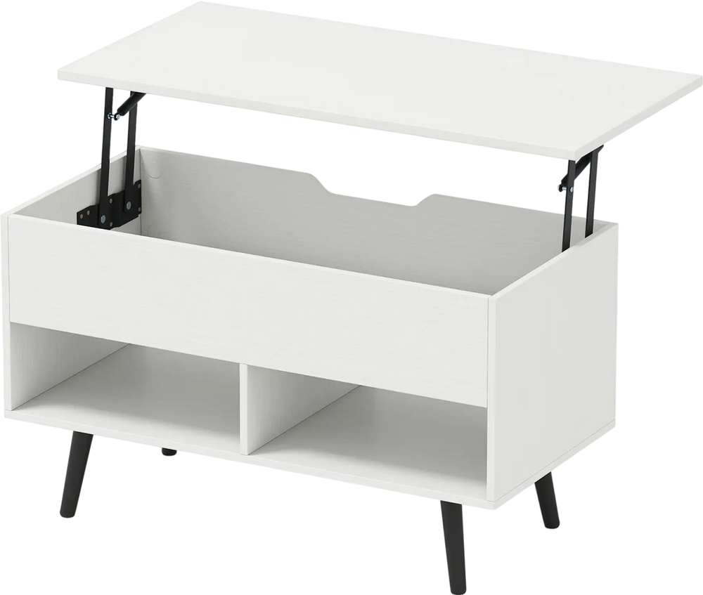 Lift-top coffee table in white with hidden storage and two open shelves, ideal for modern living spaces.