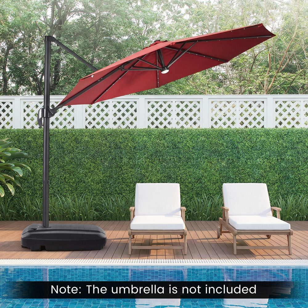 Patio umbrella base with wheels and T-shaped cross base, designed for stability and easy movement, ideal for outdoor.
