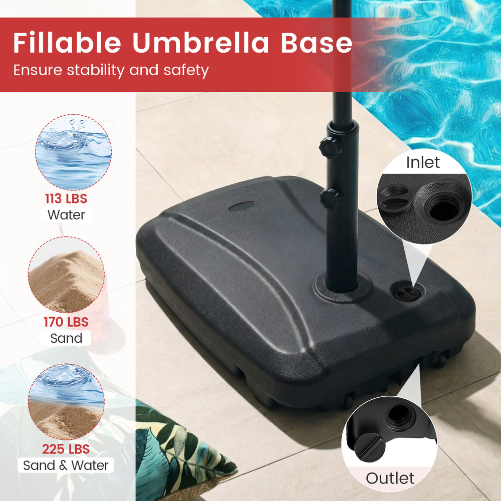 Fillable 225 lbs cantilever patio umbrella base with wheels, designed for stability and easy movement, ideal for.