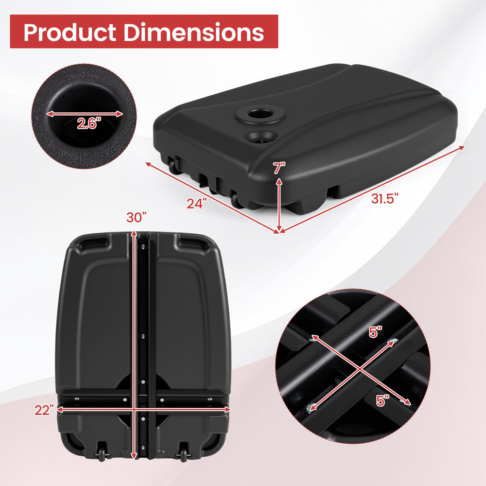 Detailed dimensions of the 225 lbs cantilever patio umbrella base with wheels, showcasing its sturdy design and.