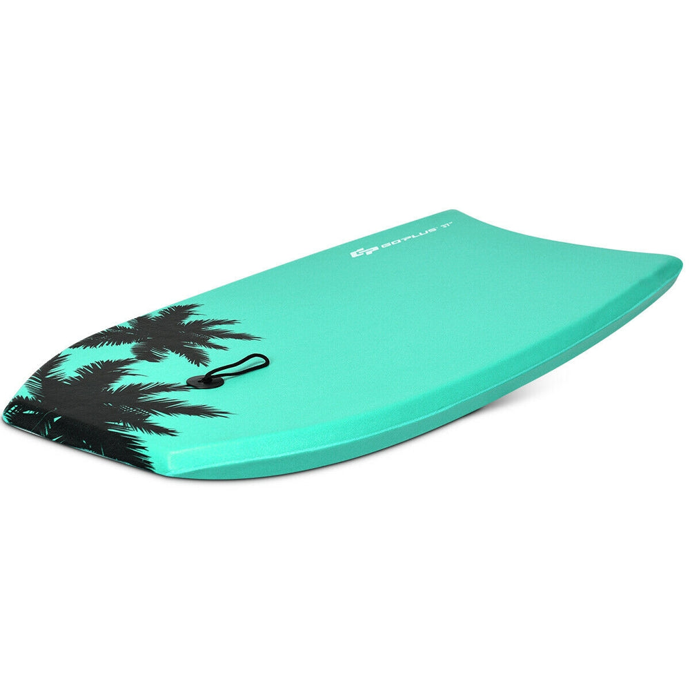 Lightweight turquoise bodyboard with palm design, made of EPS core and XPE deck, ideal for summer surfing adventures.