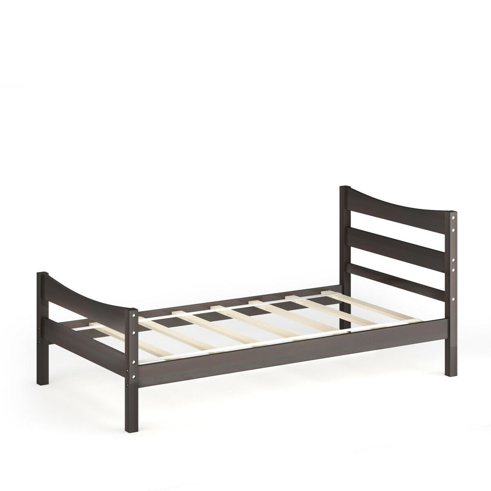 Twin size rustic style platform bed frame in dark brown with headboard and footboard, made of sturdy pine wood.