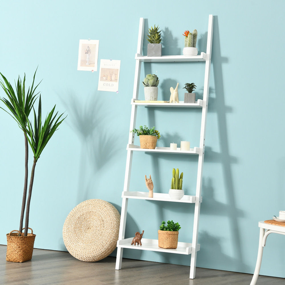 5-tier white wall-leaning ladder shelf showcasing a minimalist design, perfect for stylish plant and book display.