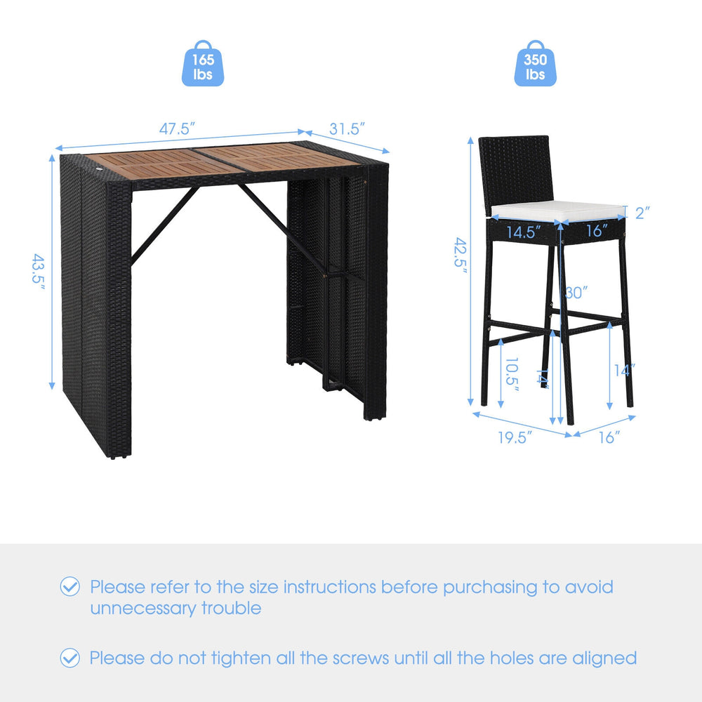 Patio dining set featuring a solid acacia wood tabletop and space-saving design with tucking bar stools for outdoor use.