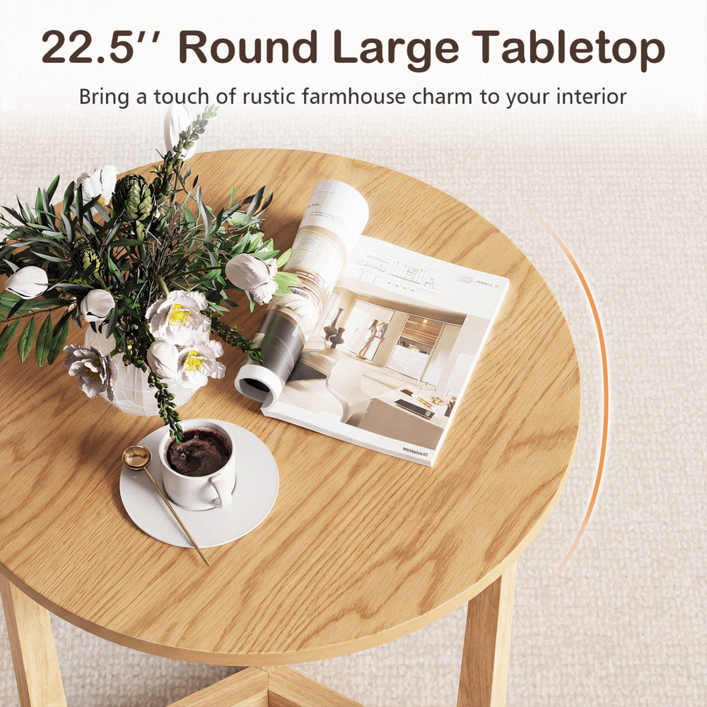 Round 22.5" farmhouse side table with sturdy rubber wood legs, perfect for living rooms or bedrooms.