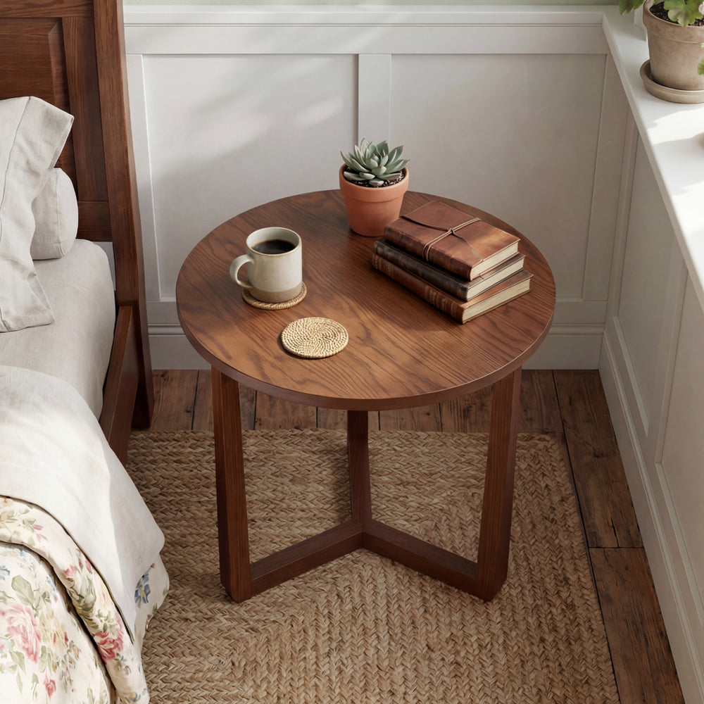 22.5 inch Round Side Table Farmhouse End Table with Sturdy Rubber Wood Legs and Triangular Structure-Walnut - Gallery View 1 of 11