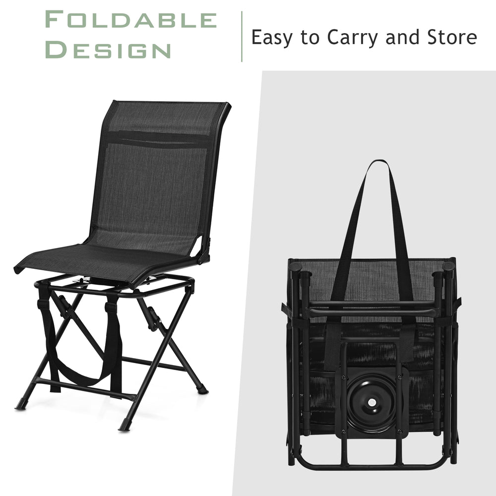 Black foldable outdoor swivel chair with iron frame, featuring a 360-degree rotation and easy carry design for.
