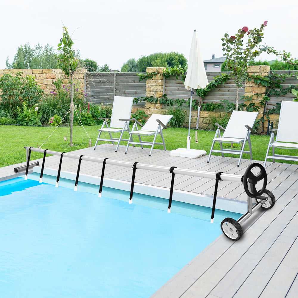 Aluminum pool cover reel set with wheels, adjustable for 2.5 to 22 feet pools, shown beside a swimming pool.
