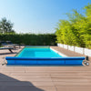 Aluminum pool cover reel set with blue cover, adjustable for in-ground pools 2.5 to 22 feet wide, shown in outdoor.