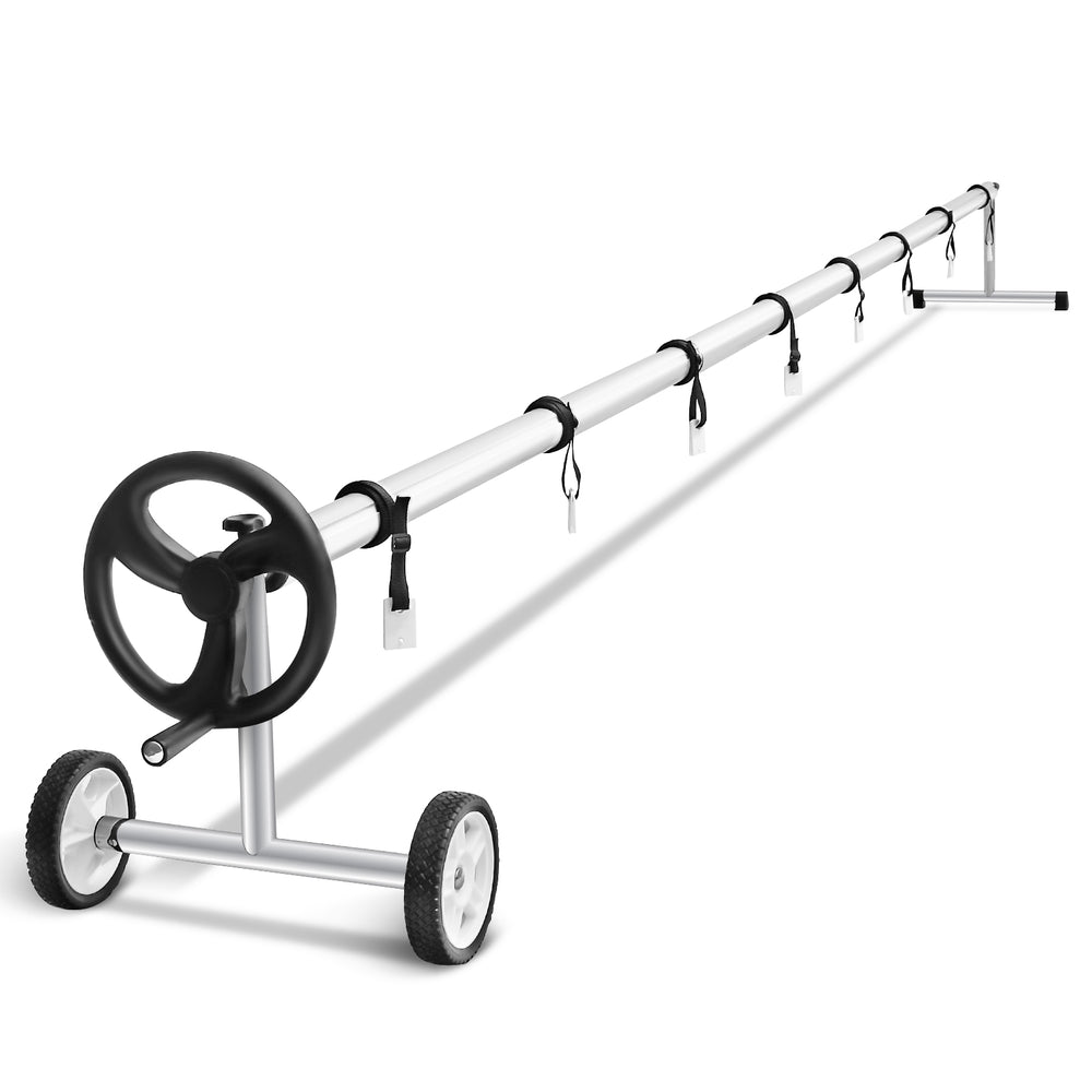 Adjustable 22 ft aluminum pool cover reel set with wheels and hand crank, designed for in-ground swimming pools.