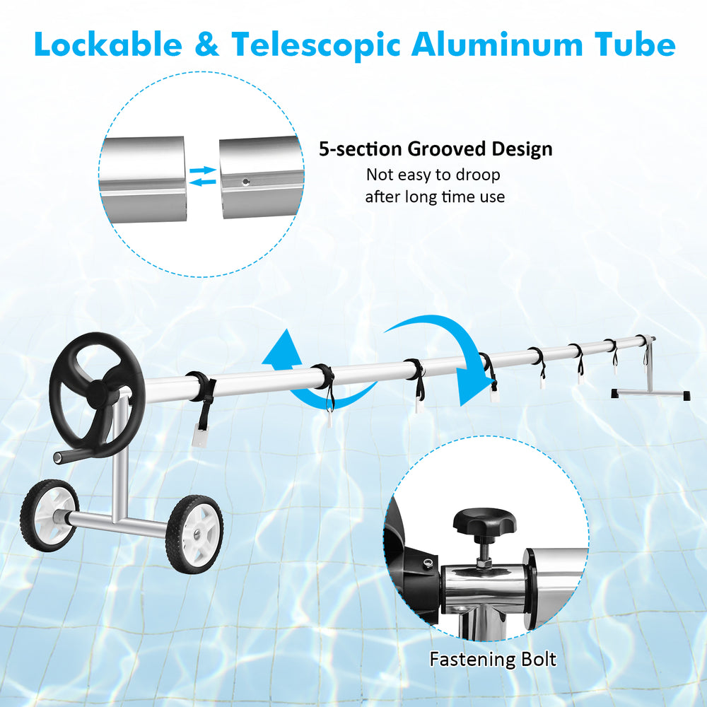 Telescopic aluminum tube of the 22 Ft pool cover reel set with locking mechanism and wheels for easy mobility.