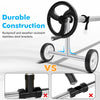 Durable aluminum pool cover reel set with stainless steel brackets, featuring a wheel and hand crank for easy operation.