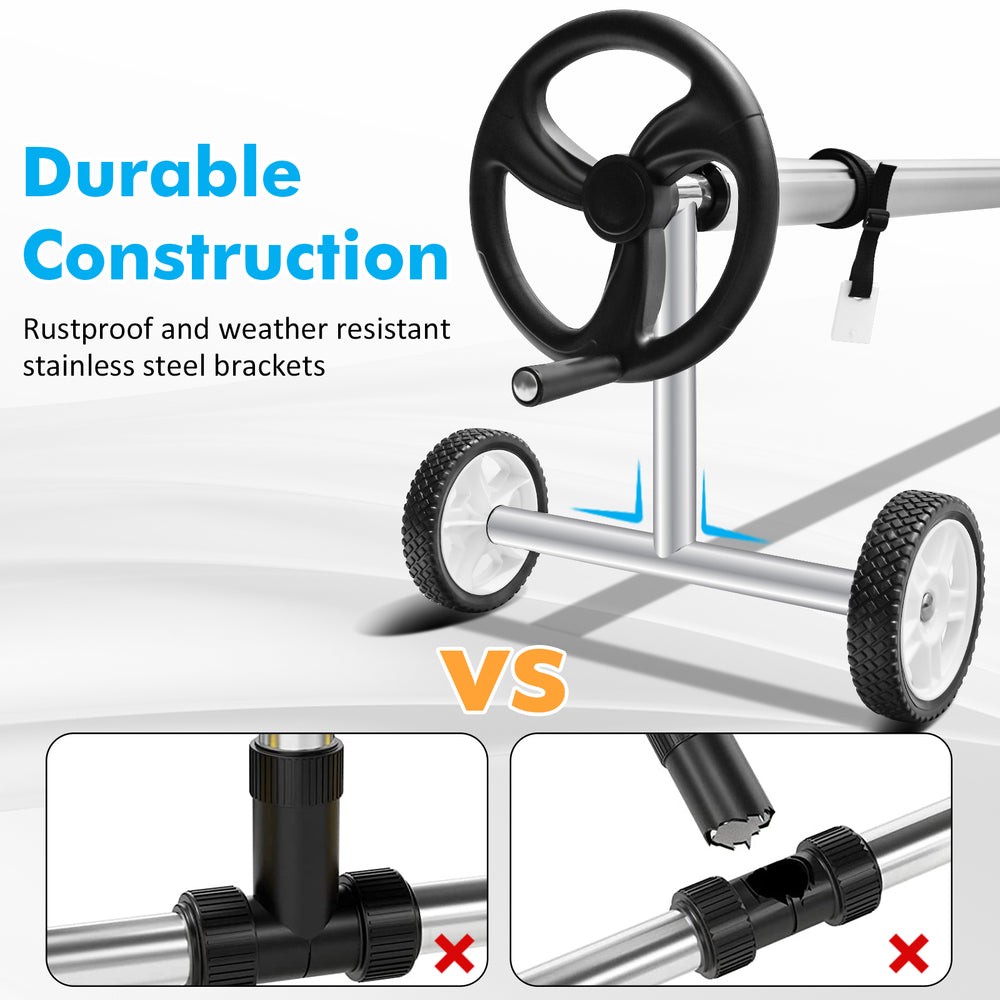 Durable aluminum pool cover reel set with stainless steel brackets, featuring a wheel and hand crank for easy operation.