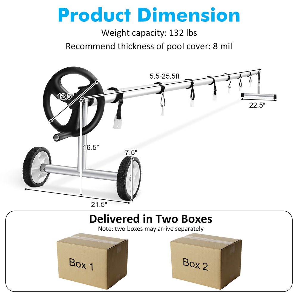 Adjustable 22 Ft pool cover reel set with aluminum tubes, stainless steel brackets, and wheels for easy movement.