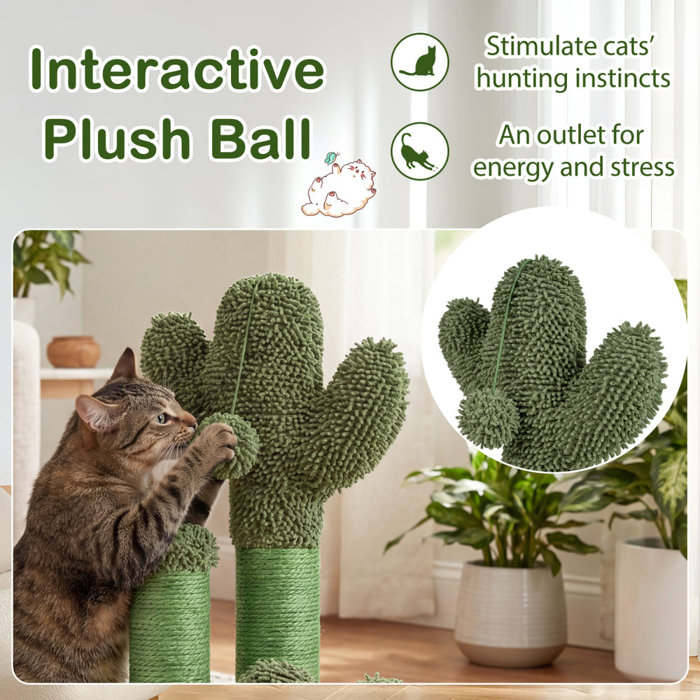 Cactus-shaped cat scratching post with plush ball, natural sisal rope for healthy claws, ideal for interactive play.