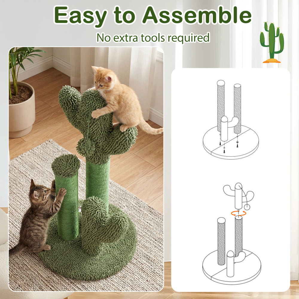 Cactus-shaped cat scratching post with natural sisal rope and plush ball, perfect for healthy claws and playful cats.