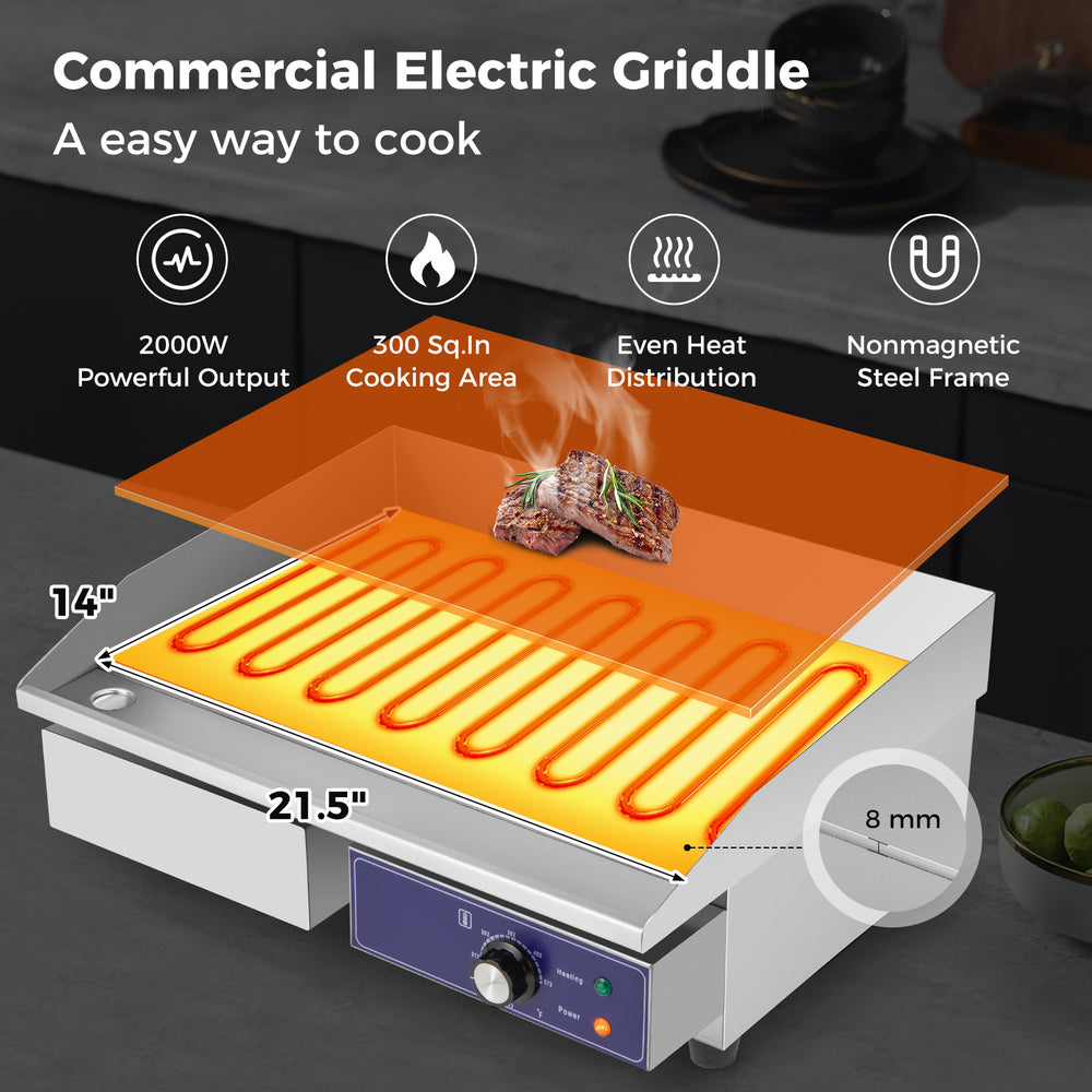 22-inch commercial electric griddle with stainless steel body, even heat distribution, ideal for cooking pancakes and.