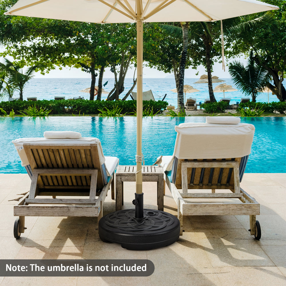 Heavy-duty 22-inch round patio umbrella base stand with protective pads, designed for stability in outdoor settings.