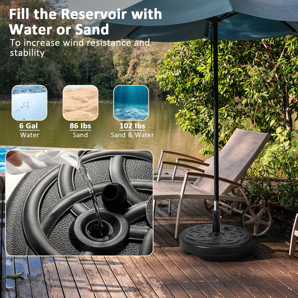 Heavy-duty 22-inch patio umbrella base stand with fillable reservoir for sand or water, designed for stability and.