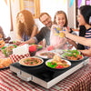 Electric warming tray with adjustable temperature, featuring a spacious glass top, perfect for buffets and family.