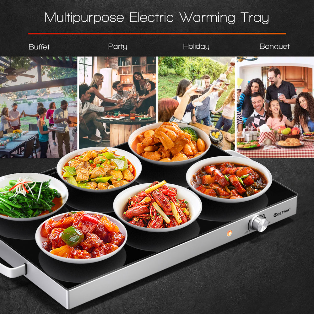 Electric warming tray with adjustable temperature, featuring a spacious glass top for heat-resistant cookware, ideal.