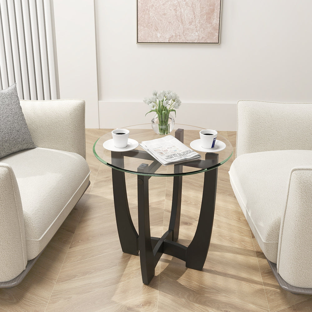 Round end side table with tempered glass tabletop and black rubber wood frame, perfect for drinks and decor in.