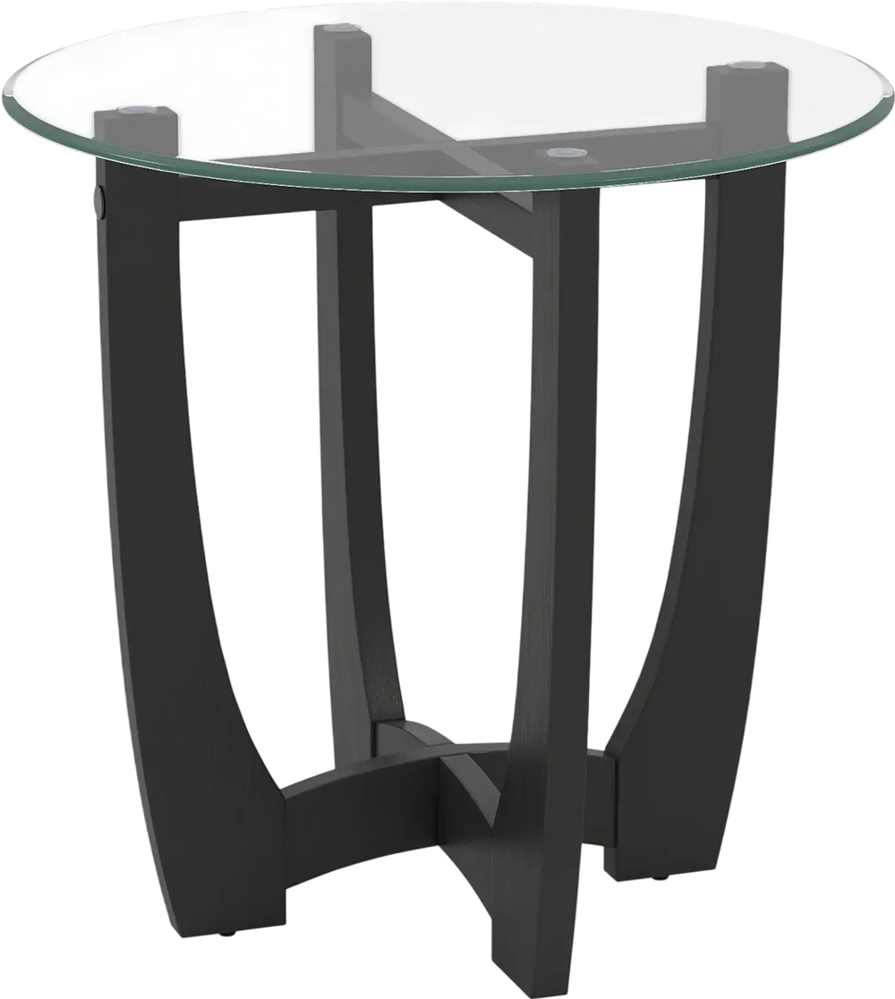 Round end side table with a black rubber wood frame and tempered glass tabletop, perfect for drinks and decor.