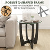 Round end side table with tempered glass top, robust rubber wood frame, and X-shaped design for stability and elegance.