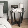 Round end side table with tempered glass tabletop and black rubber wood frame, perfect for bedside use.