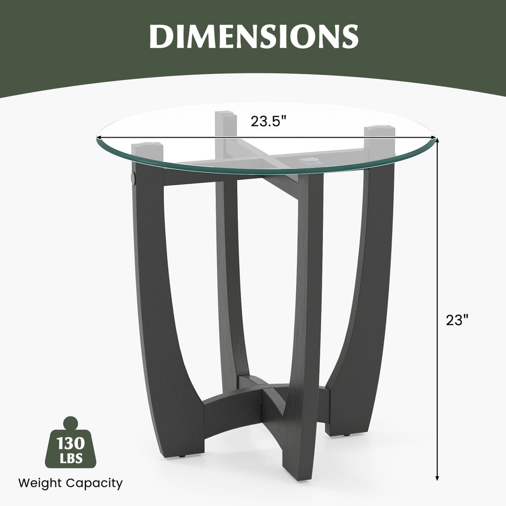 23.5-inch round end table with tempered glass top, black rubber wood frame, ideal for drinks and decor.