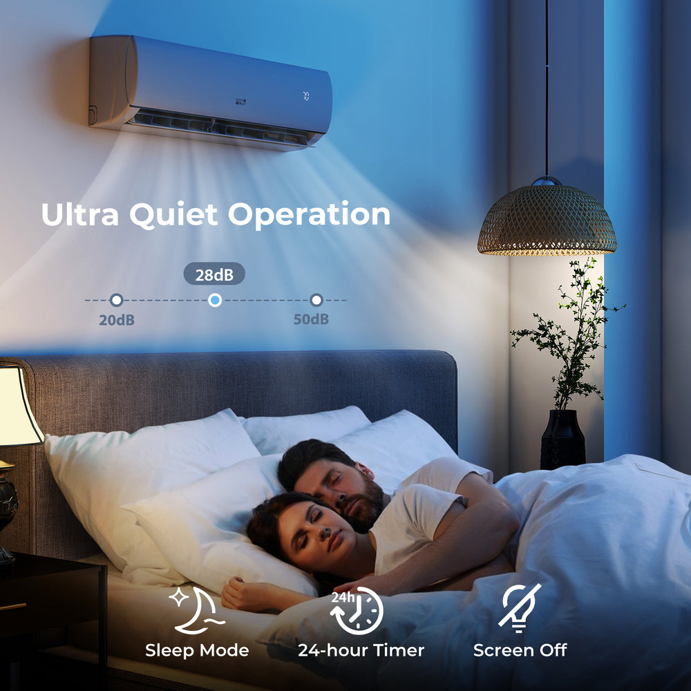 EchoCool Series 23000 BTU mini split air conditioner in a bedroom, showcasing ultra-quiet operation and sleep mode.