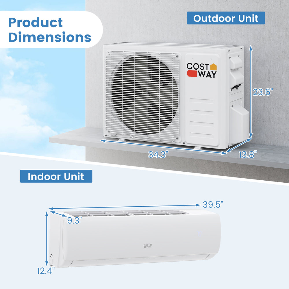 EchoCool Series 23000 BTU mini split air conditioner and heater with outdoor and indoor unit dimensions displayed.
