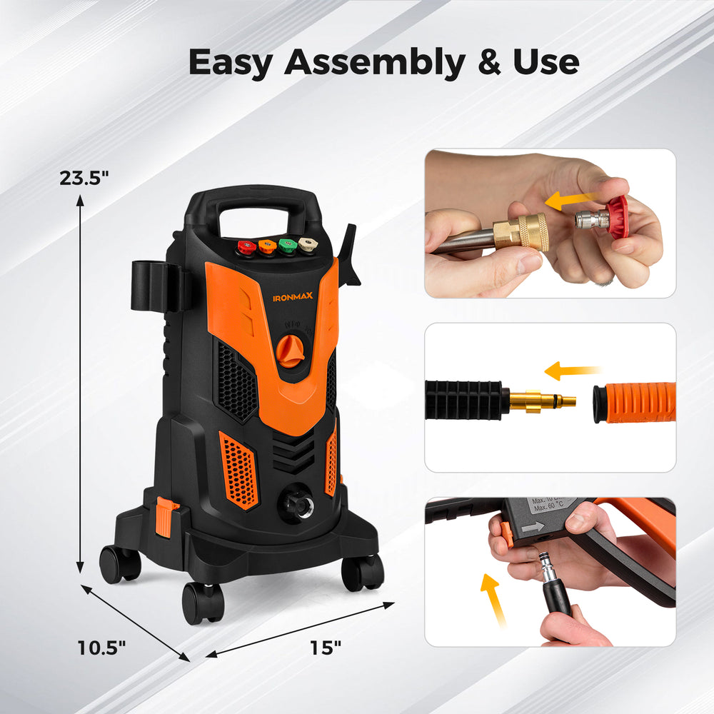 Electric high pressure power washer with 2300 PSI, foam spray, and 4 nozzles for versatile cleaning needs.