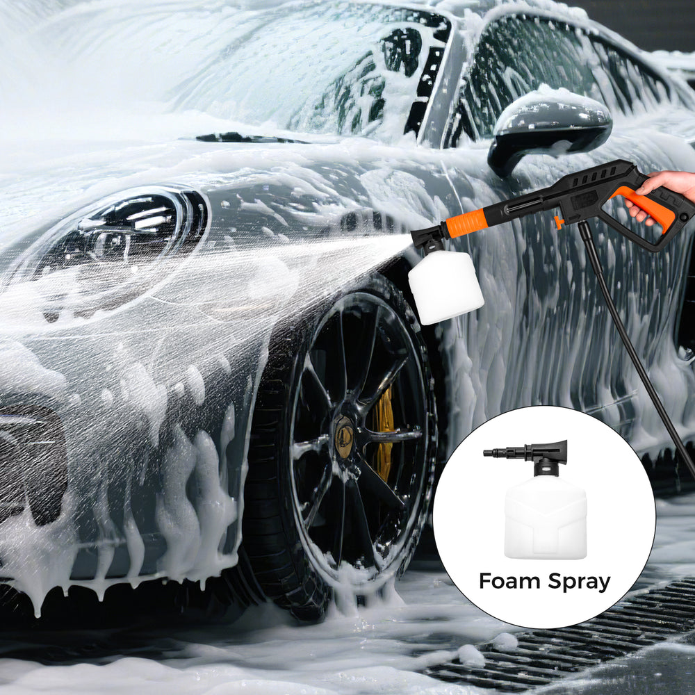 Electric high pressure power washer with foam spray, ideal for cleaning stubborn stains on various surfaces.