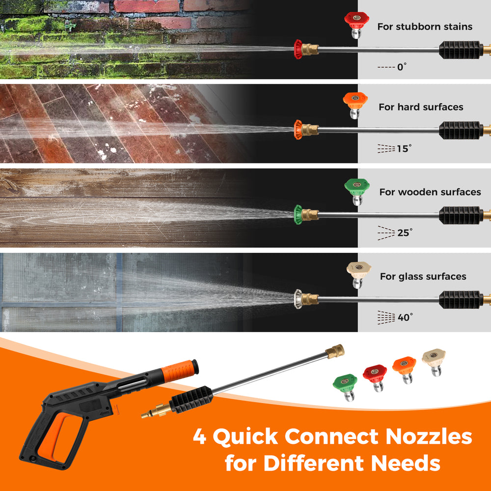 Electric pressure washer with 4 quick connect nozzles for stubborn stains, hard surfaces, and glass cleaning.