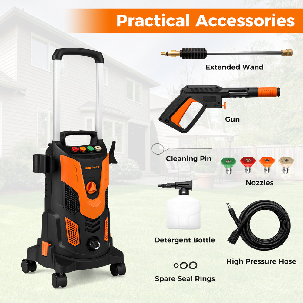 Electric high pressure power washer with practical accessories, including nozzles, detergent bottle, and extended wand.
