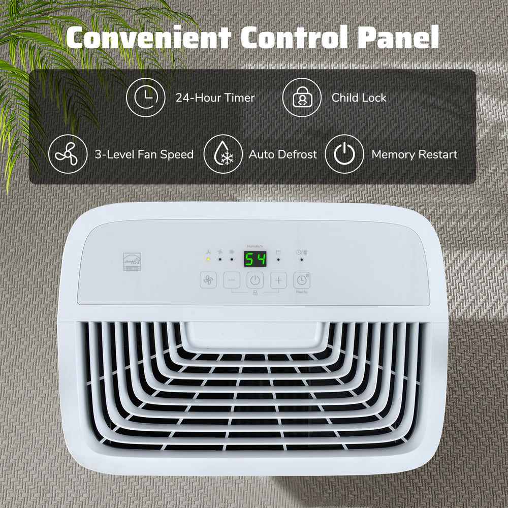 Top view of the 65 Pints Dehumidifier featuring an LED display, 24-hour timer, and child lock for easy operation.