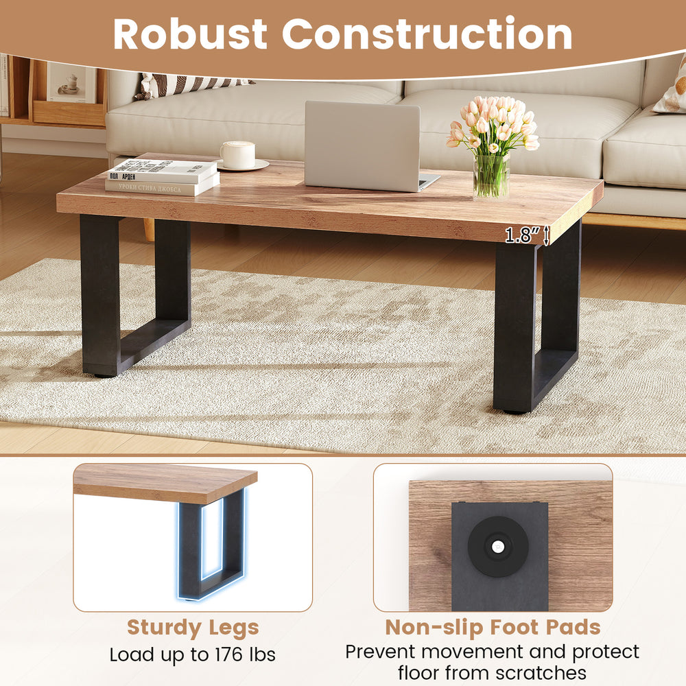 Rustic 47-inch coffee table with thickened oak tabletop, sturdy legs, and non-slip foot pads for living room stability.
