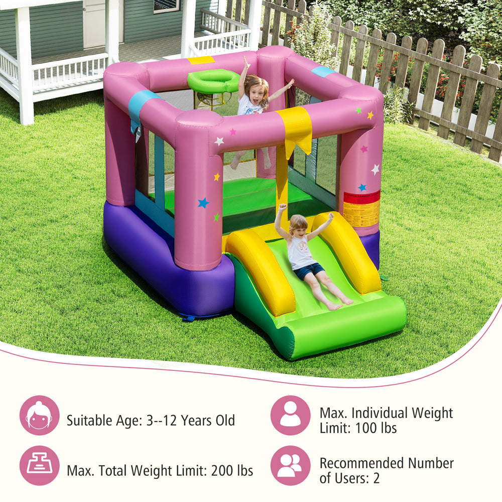Bright inflatable bounce house featuring a sturdy slide and basketball hoop, made of tear-resistant 420D oxford cloth.
